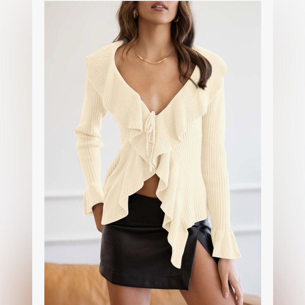 V Neck Cream Ruffle Tie Knit Sweater